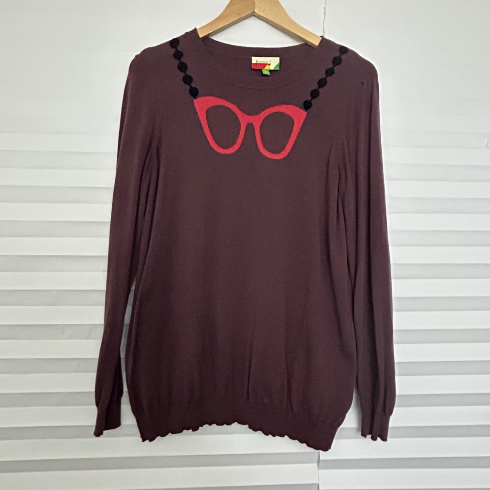 Fervour Womens 1X Plum Burgundy Eyeglasses Crew Neck Sweater Cotton Modal